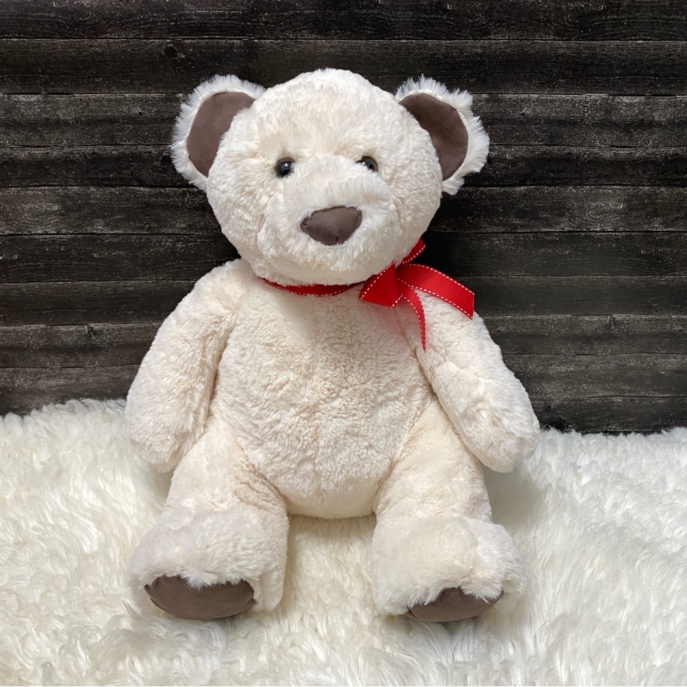 AURORA WORLD WHITE TEDDY BEAR BROWN NOSE RED BOW SITTING STUFFED ANIMAL PLUSH